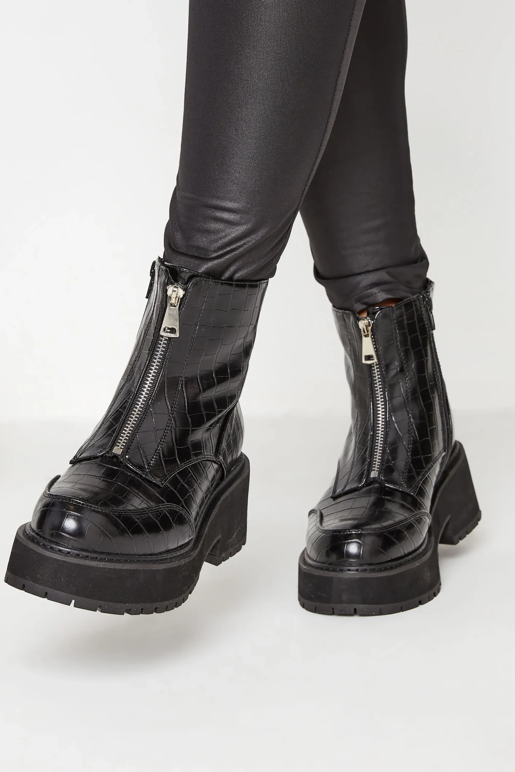 M&Co Limited Collection Black Croc Leather Look Zip Chunky Boots In Wide E Fit>Women Boots