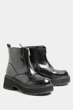 M&Co Limited Collection Black Croc Leather Look Zip Chunky Boots In Wide E Fit>Women Boots