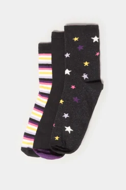 M&Co Lts Lts 3 Pack Black Star & Stripe Print Ankle Socks><noscript><img width=