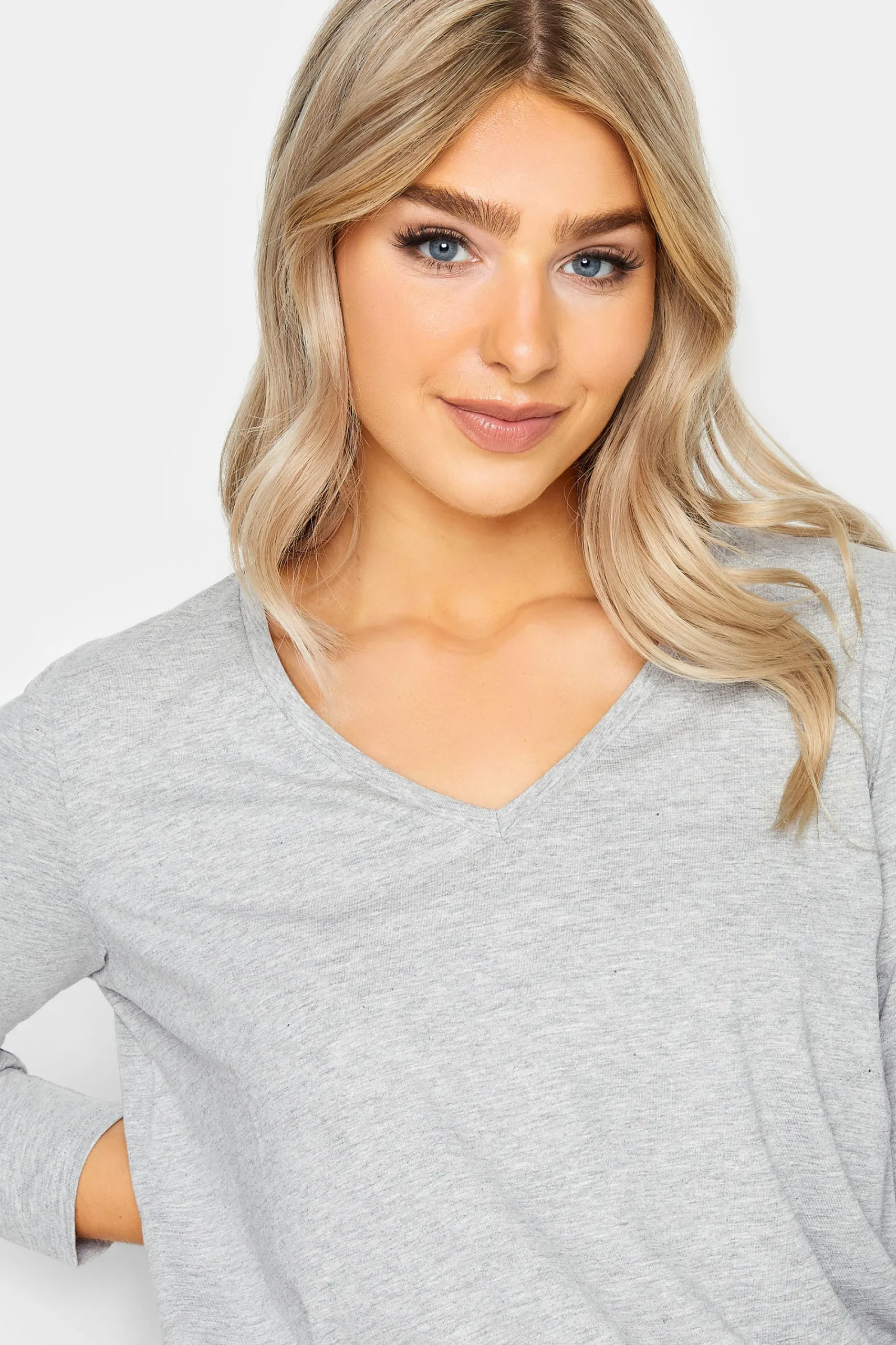 M&Co Grey V-Neck Long Sleeve T-Shirt>Women T-Shirts