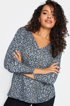 M&Co Petites Petite Blue Ditsy Floral Print Top>Women Long Sleeve Tops