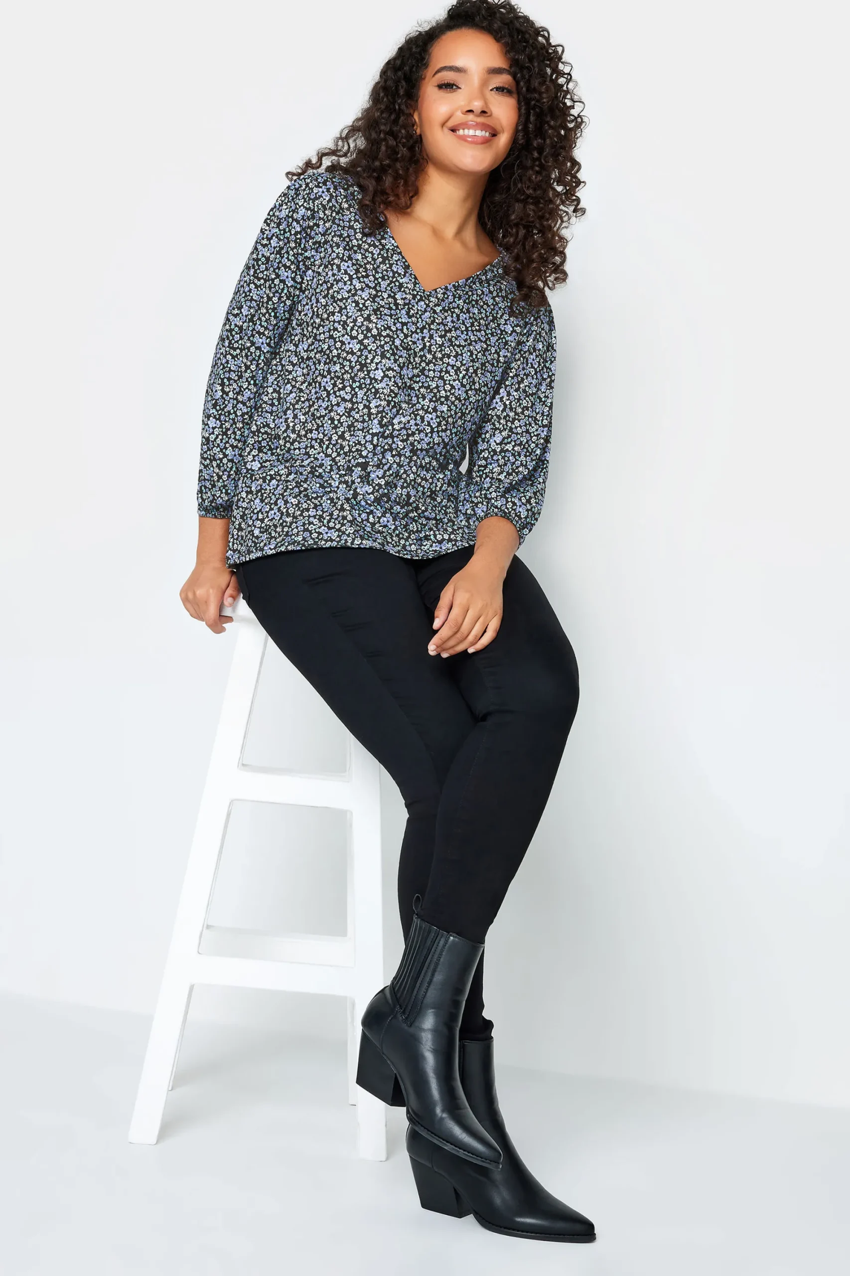M&Co Petites Petite Blue Ditsy Floral Print Top>Women Long Sleeve Tops