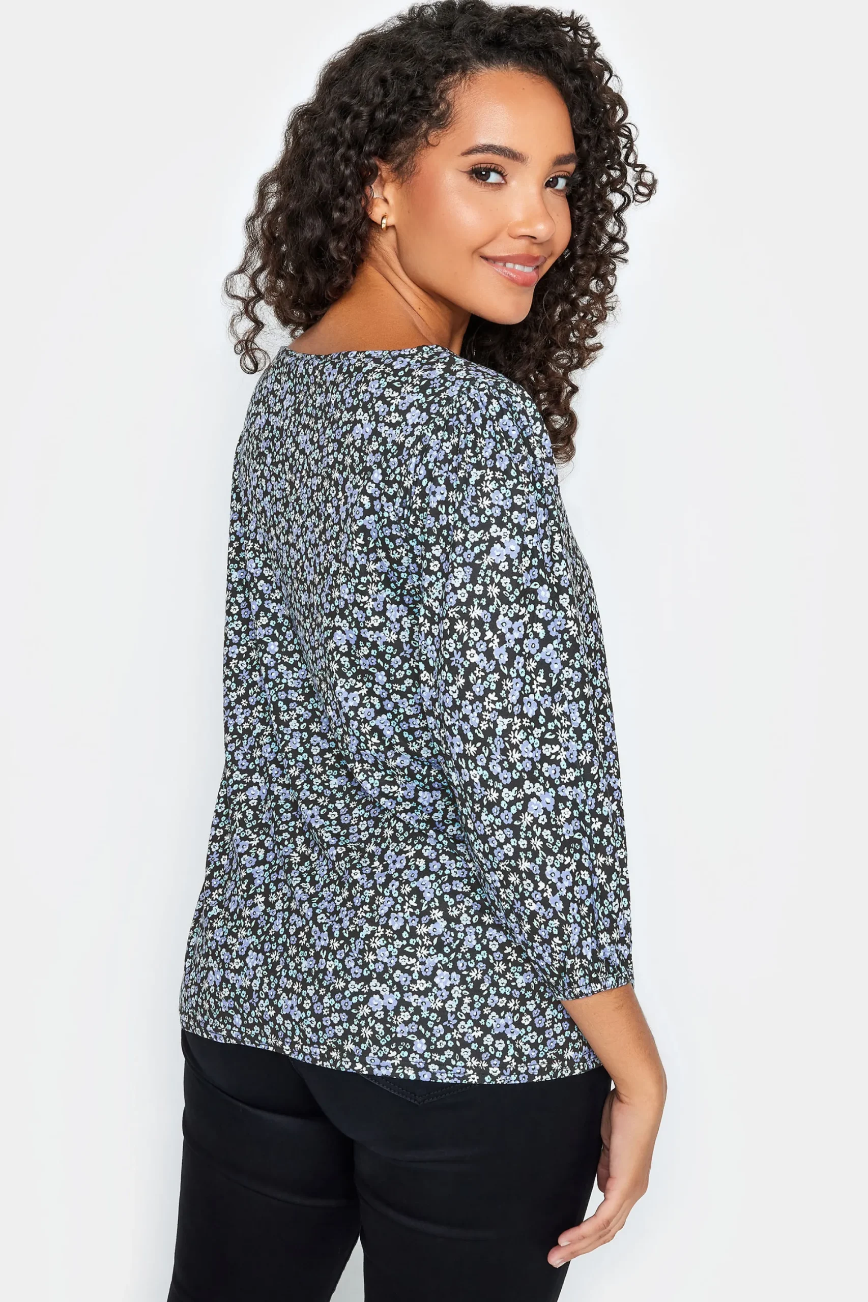 M&Co Petites Petite Blue Ditsy Floral Print Top>Women Long Sleeve Tops
