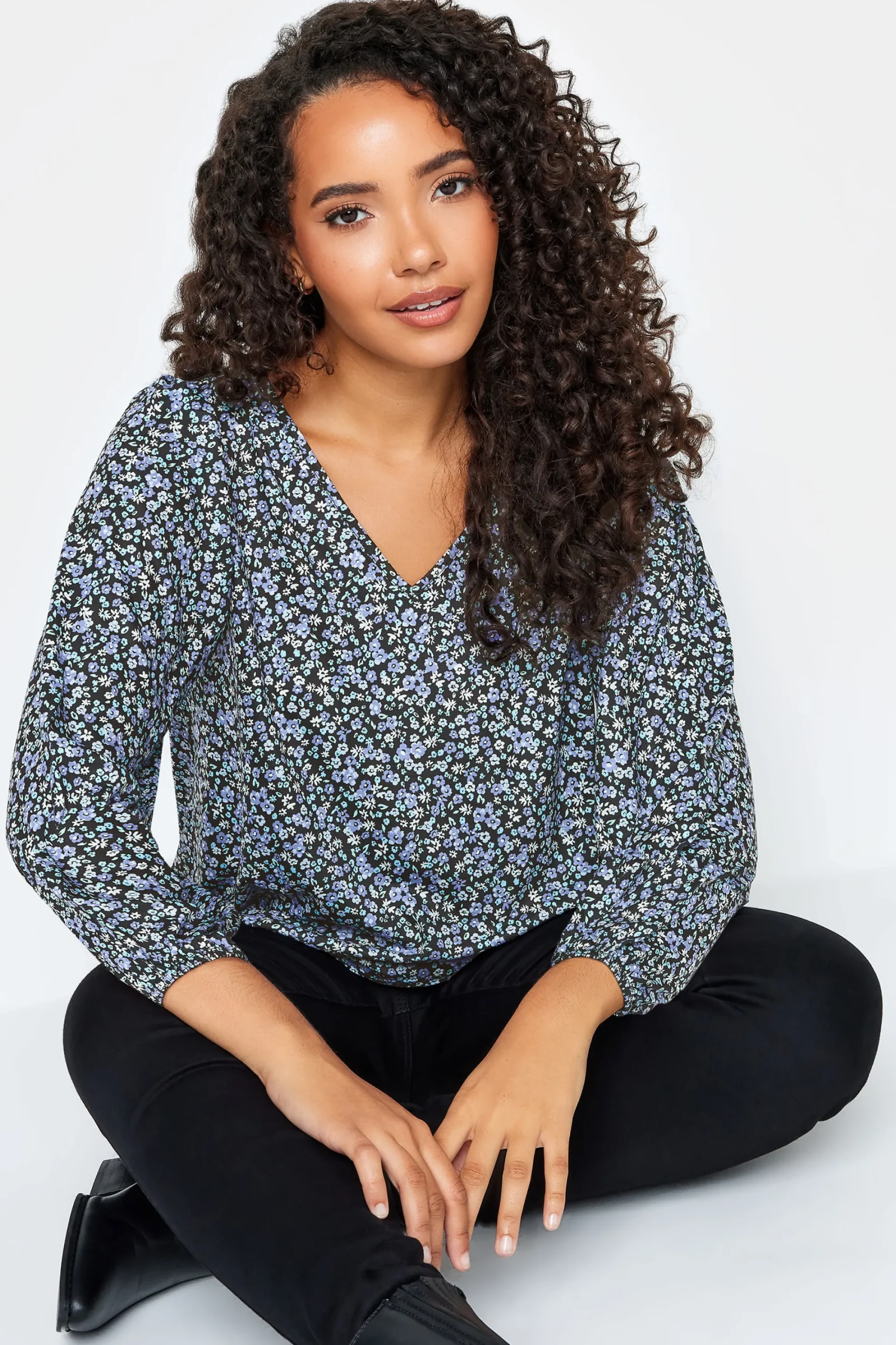 M&Co Petites Petite Blue Ditsy Floral Print Top>Women Long Sleeve Tops