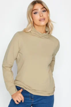 M&Co Womens Beige Brown Turtle Neck Long Sleeve Cotton Blend Top>Women T-Shirts