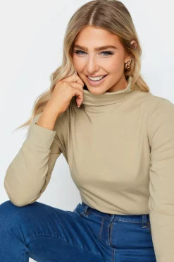 M&Co Womens Beige Brown Turtle Neck Long Sleeve Cotton Blend Top><noscript><img width=