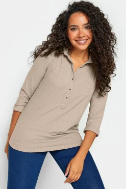 M&Co Womens Beige Brown Ribbed V-Neck Shirt>Women Shirts