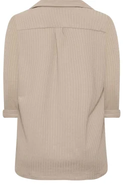 M&Co Womens Beige Brown Ribbed V-Neck Shirt><noscript><img width=