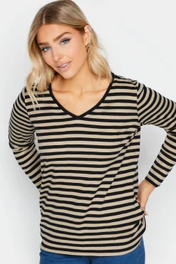 M&Co Womens Beige Brown Stripe V-Neck Cotton Long Sleeve T-Shirt>Women T-Shirts