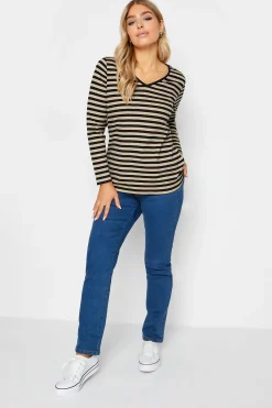 M&Co Womens Beige Brown Stripe V-Neck Cotton Long Sleeve T-Shirt><noscript><img width=