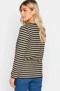M&Co Womens Beige Brown Stripe V-Neck Cotton Long Sleeve T-Shirt><noscript><img width=