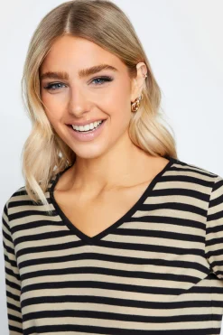 M&Co Womens Beige Brown Stripe V-Neck Cotton Long Sleeve T-Shirt><noscript><img width=