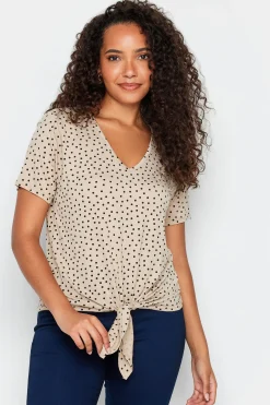 M&Co Womens Beige Brown Spot Print Tie Detail T-Shirt>Women T-Shirts