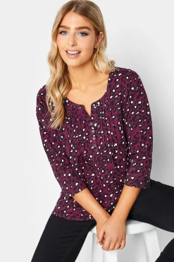 M&Co Womens Berry Red Animal Print Cotton Henley Top>Women Long Sleeve Tops