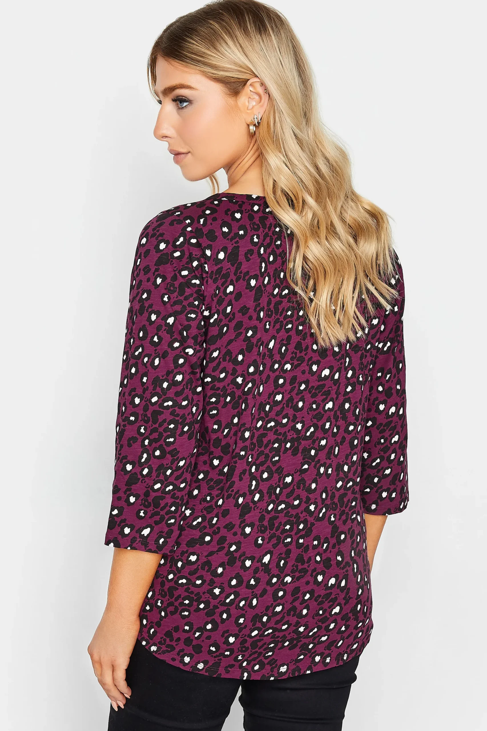 M&Co Womens Berry Red Animal Print Cotton Henley Top>Women Long Sleeve Tops