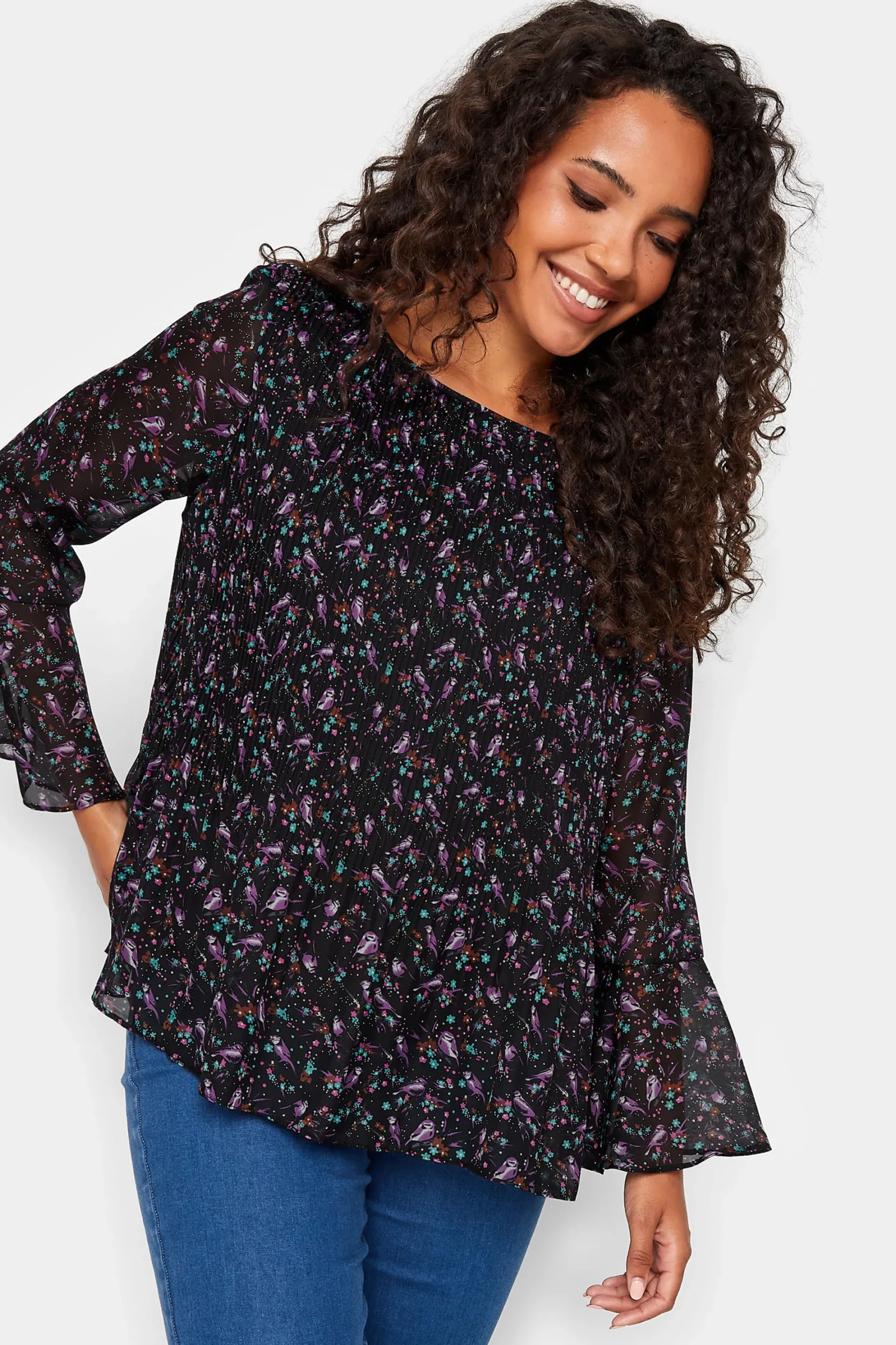 M&Co Womens Bird Print Pleated Blouse>Women Shirts