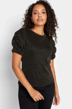 M&Co Womens Black & Gold Shimmer Ruched Sleeve Blouse>Women Blouses