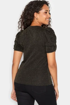 M&Co Womens Black & Gold Shimmer Ruched Sleeve Blouse><noscript><img width=
