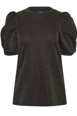 M&Co Womens Black & Gold Shimmer Ruched Sleeve Blouse><noscript><img width=