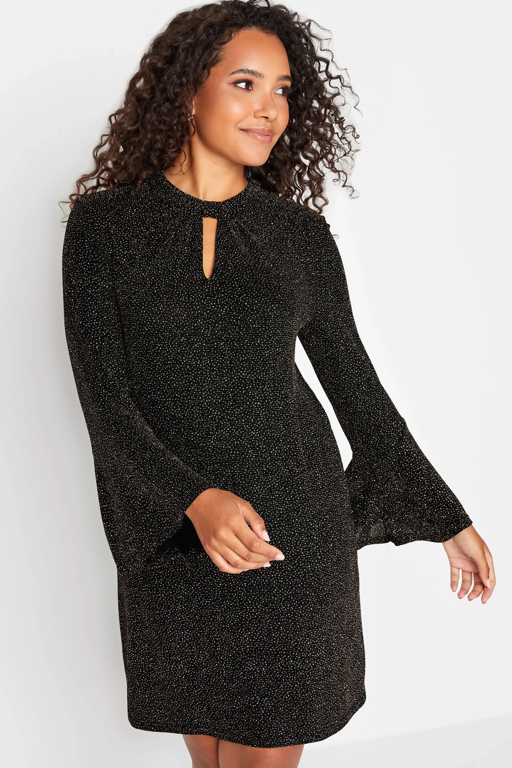 M&Co Womens Black & Gold Shimmer Bell Sleeve Dress>Women Midi Dresses