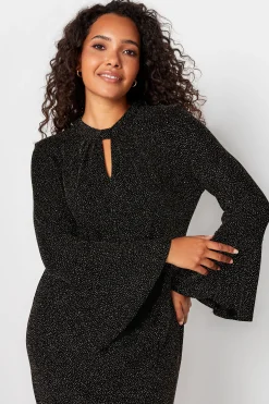 M&Co Womens Black & Gold Shimmer Bell Sleeve Dress><noscript><img width=