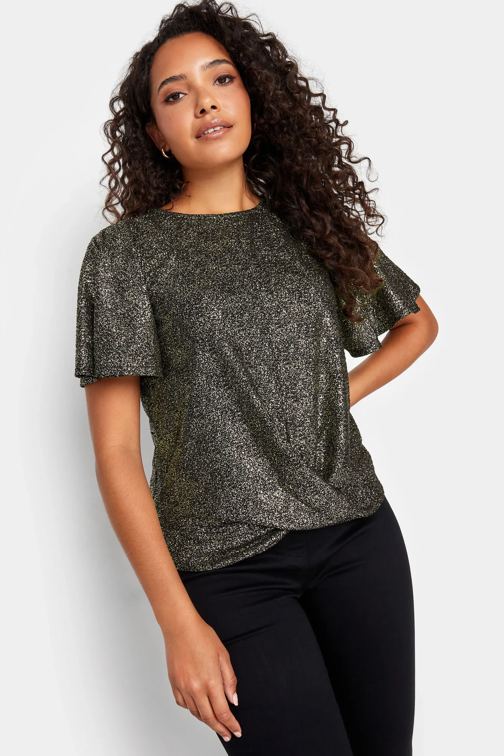 M&Co Womens Black & Gold Glitter Angel Sleeve Top>Women Blouses