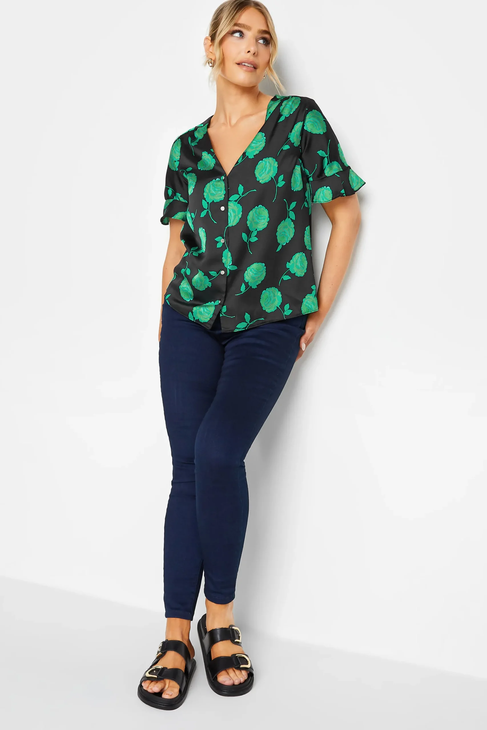 M&Co Womens Black & Green Floral Print Frill Sleeve Blouse>Women Shirts