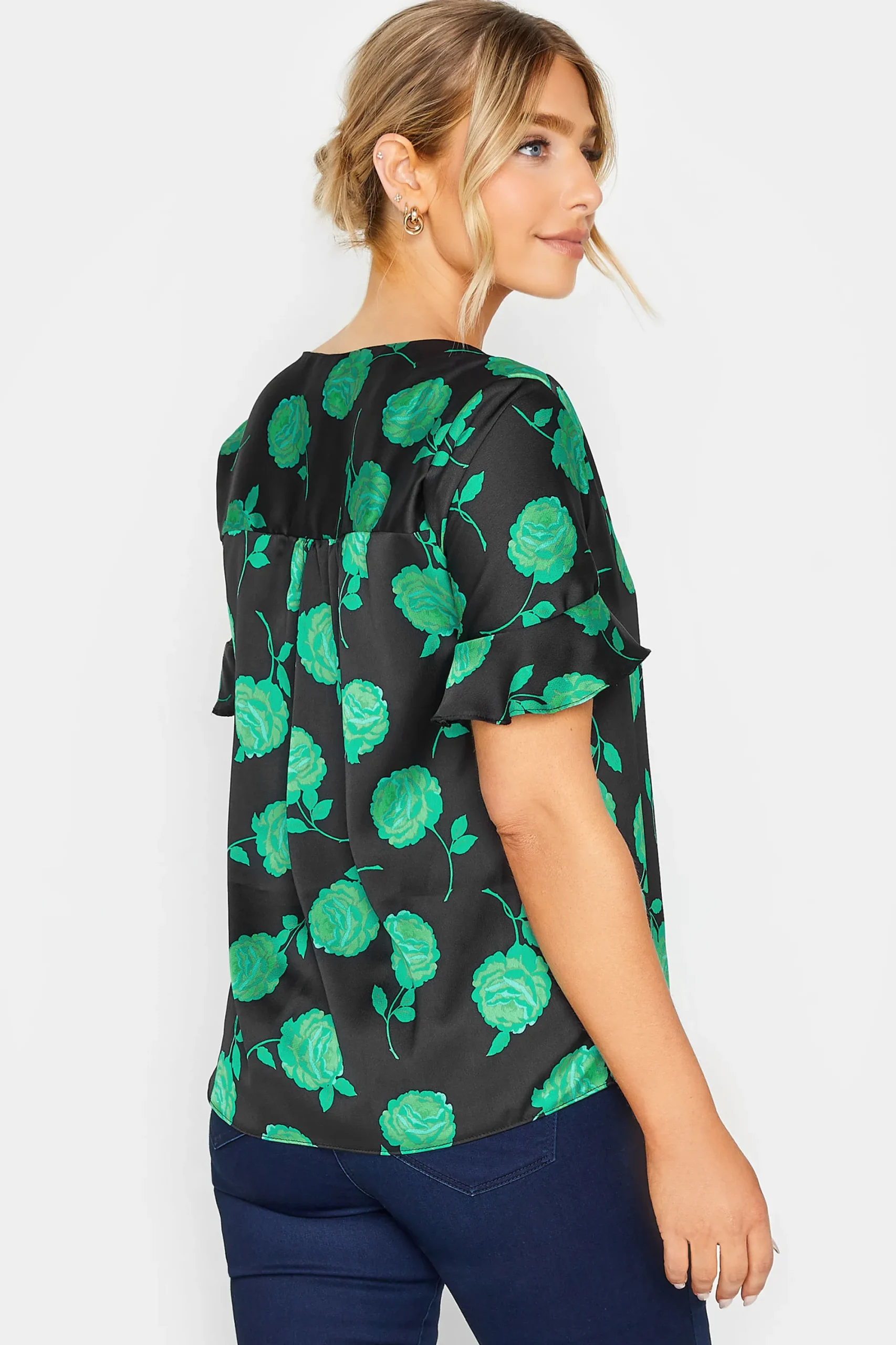 M&Co Womens Black & Green Floral Print Frill Sleeve Blouse>Women Shirts