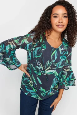 M&Co Womens Black & Green Floral Print Flute Sleeve Blouse>Women Blouses