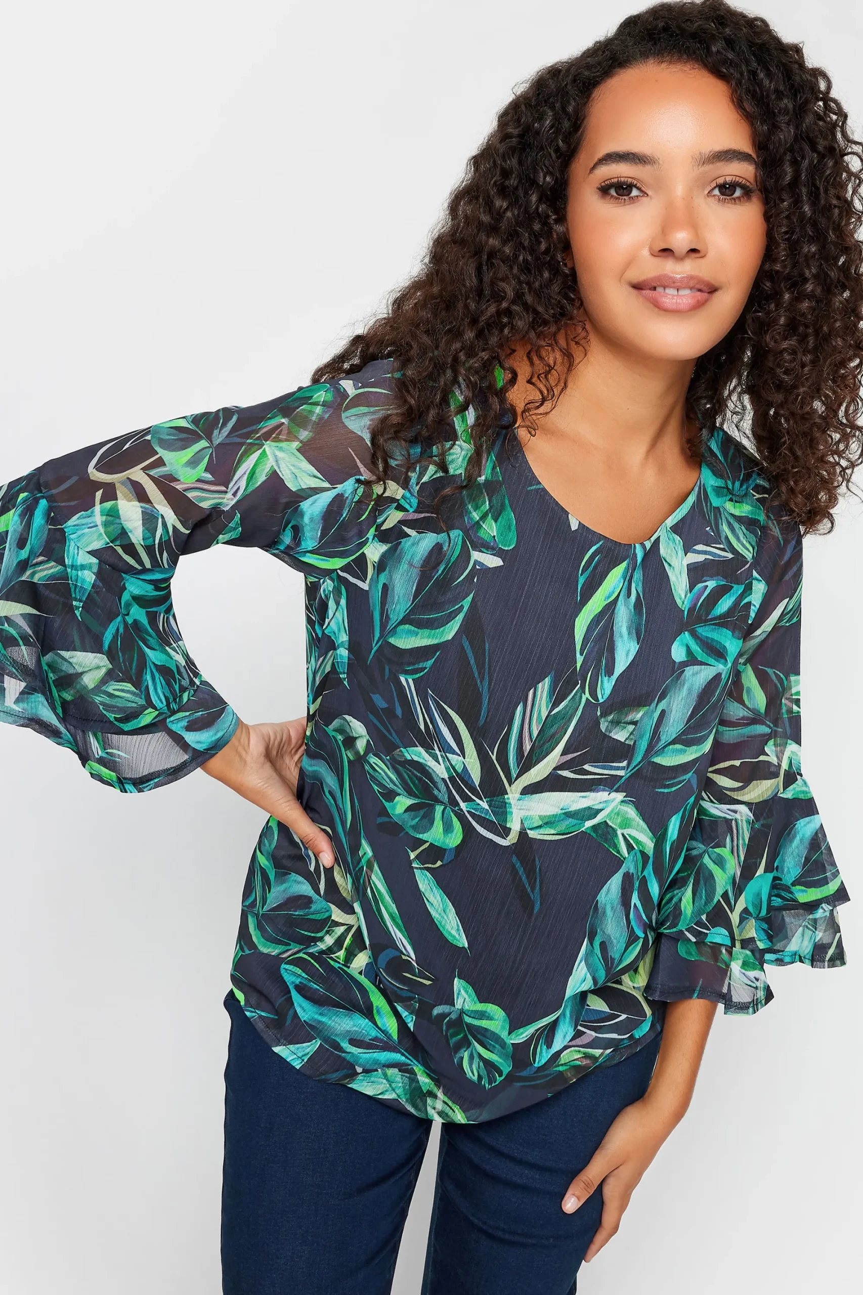 M&Co Womens Black & Green Floral Print Flute Sleeve Blouse>Women Blouses