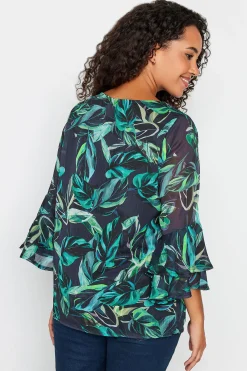 M&Co Womens Black & Green Floral Print Flute Sleeve Blouse><noscript><img width=