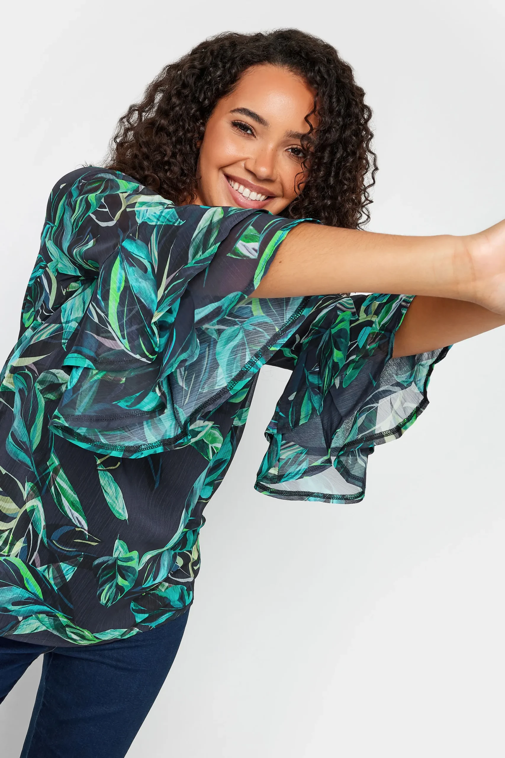 M&Co Womens Black & Green Floral Print Flute Sleeve Blouse>Women Blouses