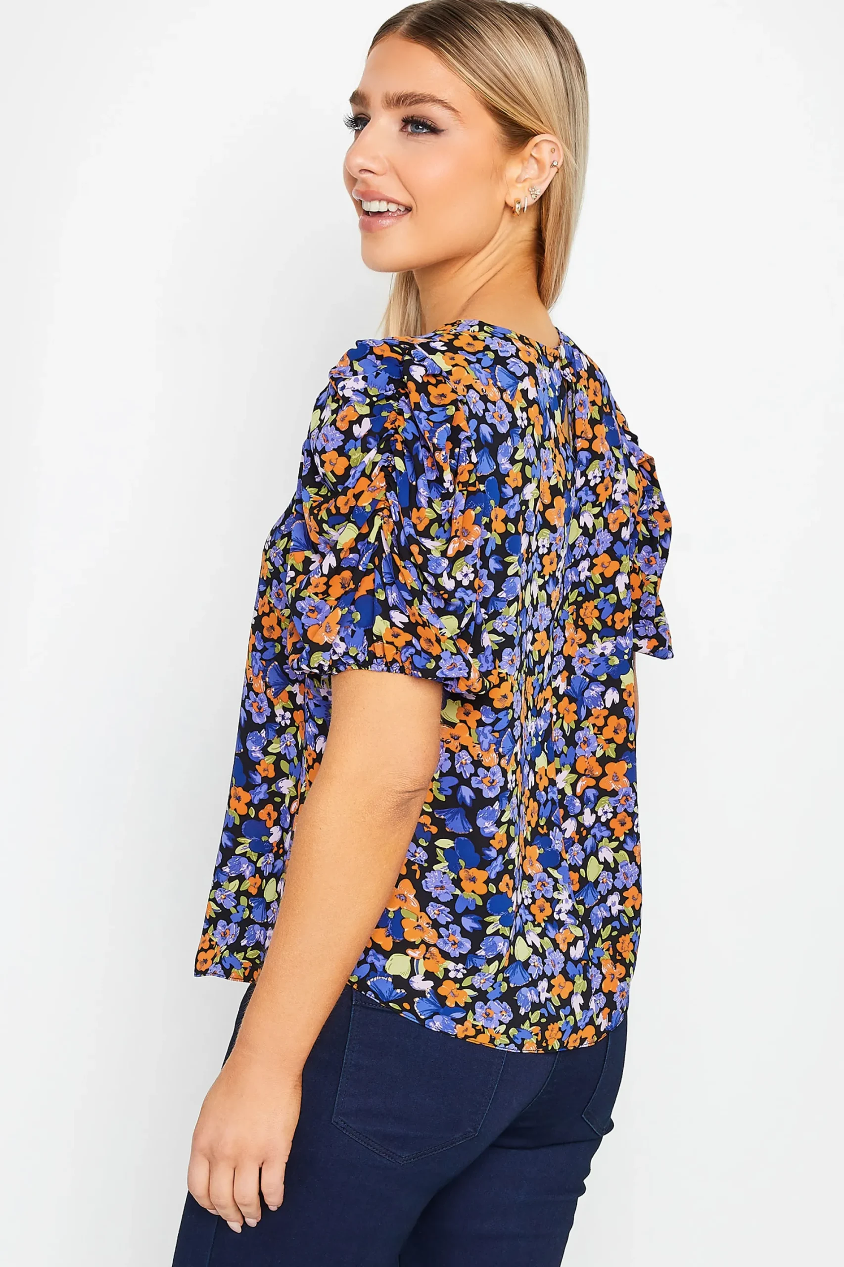 M&Co Womens Black & Orange Floral Print Puff Sleeve Blouse>Women Short Sleeve Tops