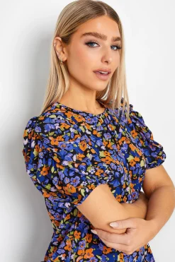 M&Co Womens Black & Orange Floral Print Puff Sleeve Blouse><noscript><img width=