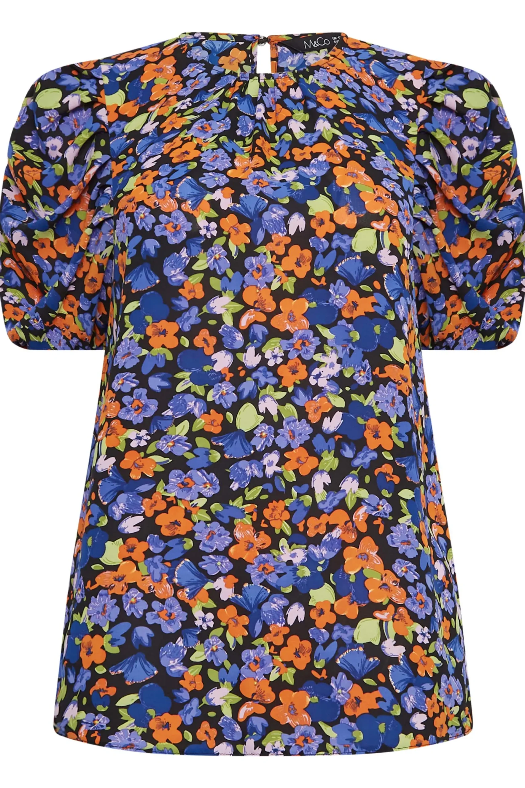 M&Co Womens Black & Orange Floral Print Puff Sleeve Blouse>Women Short Sleeve Tops