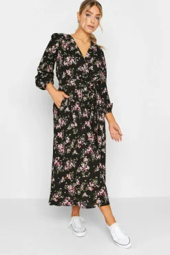 M&Co Womens Black & Pink Floral Print Wrap Front Dress>Women Wedding Guest Dresses