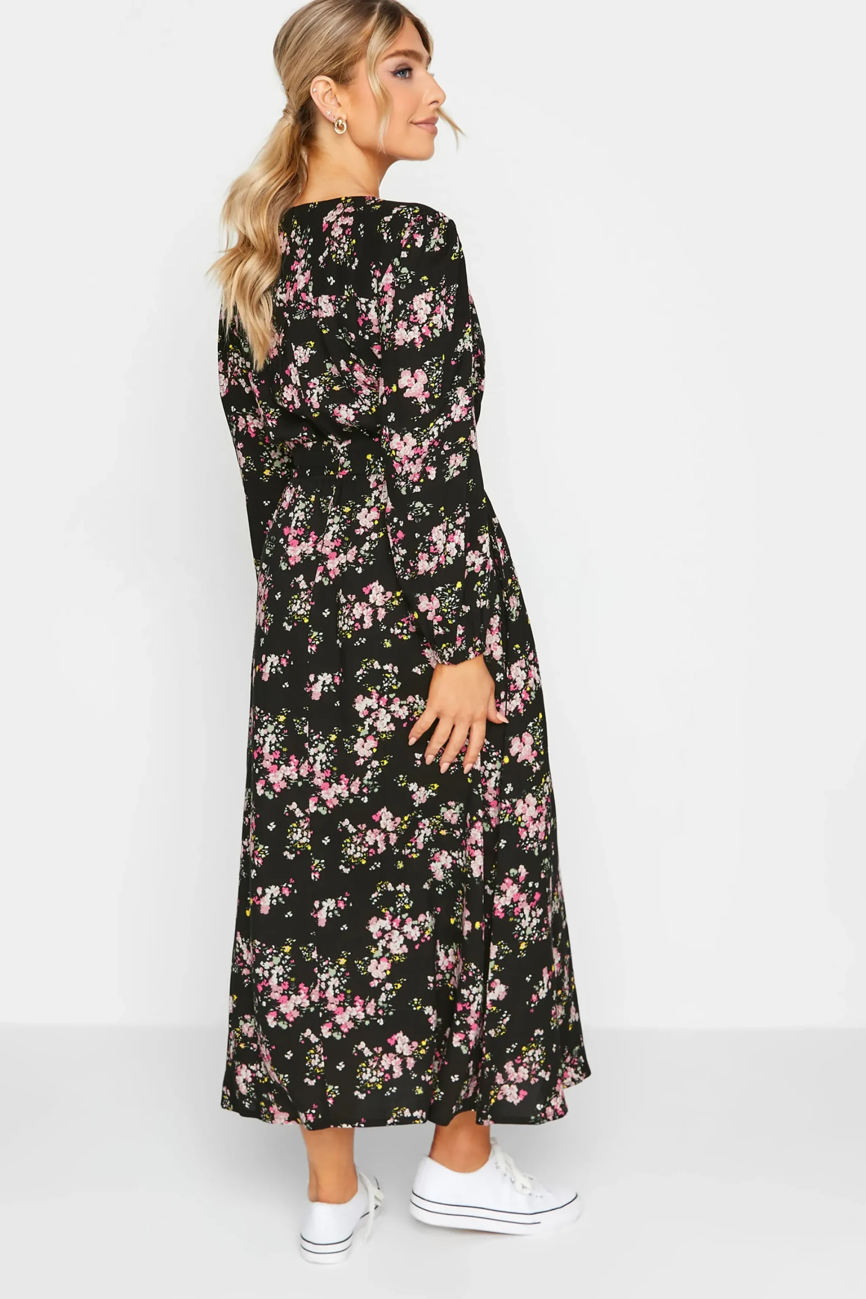 M&Co Womens Black & Pink Floral Print Wrap Front Dress>Women Wedding Guest Dresses