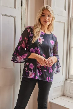 M&Co Womens Black & Pink Floral Print Flute Sleeve Blouse>Women Blouses