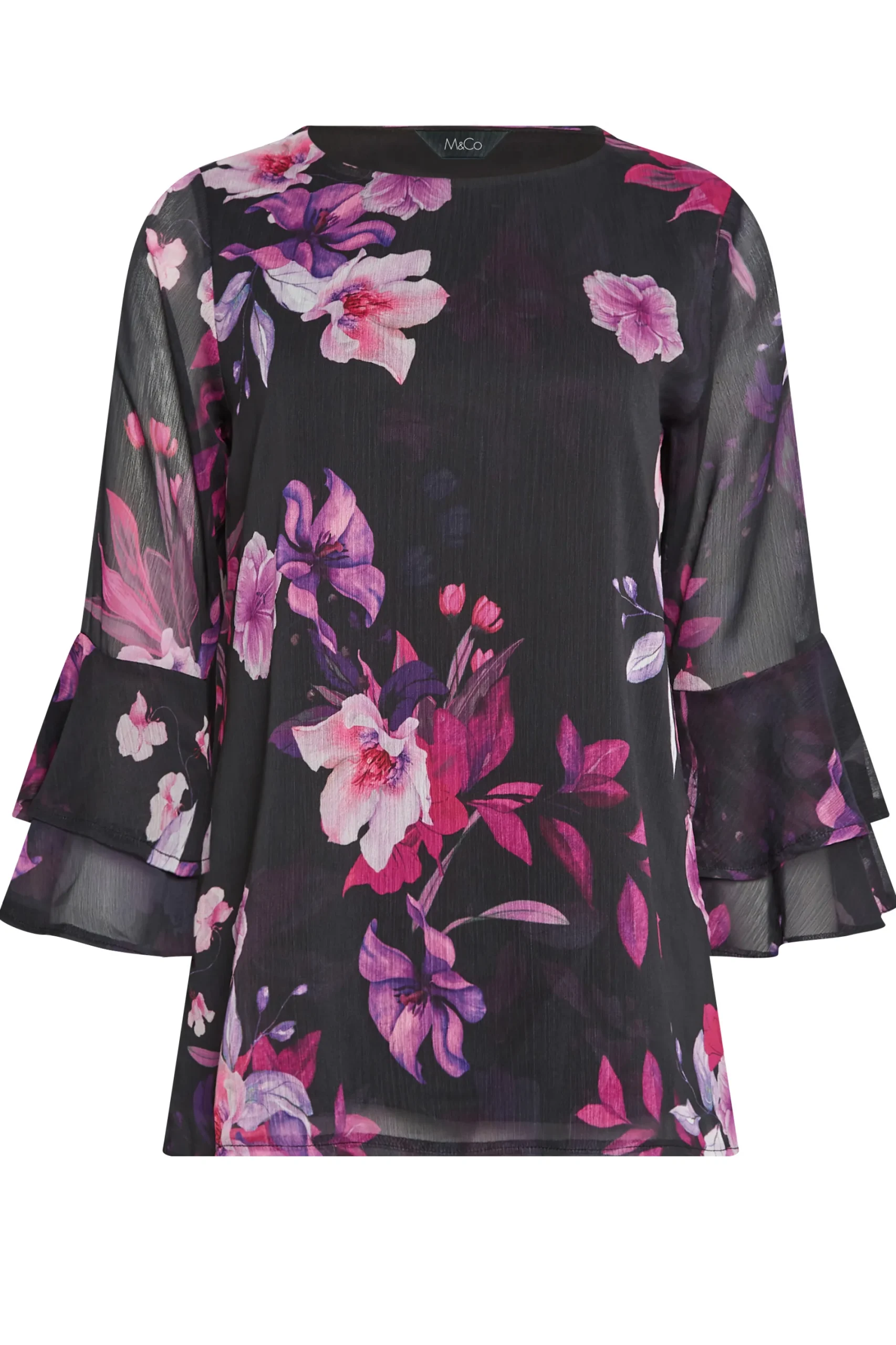 M&Co Womens Black & Pink Floral Print Flute Sleeve Blouse>Women Blouses
