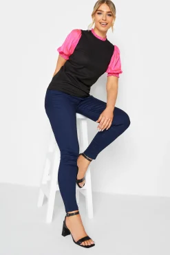 M&Co Womens Black & Pink Contrast Sleeve Blouse>Women Short Sleeve Tops