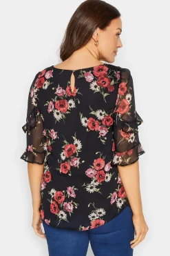 M&Co Womens Black & Red Floral Double Frill Sleeve Blouse><noscript><img width=