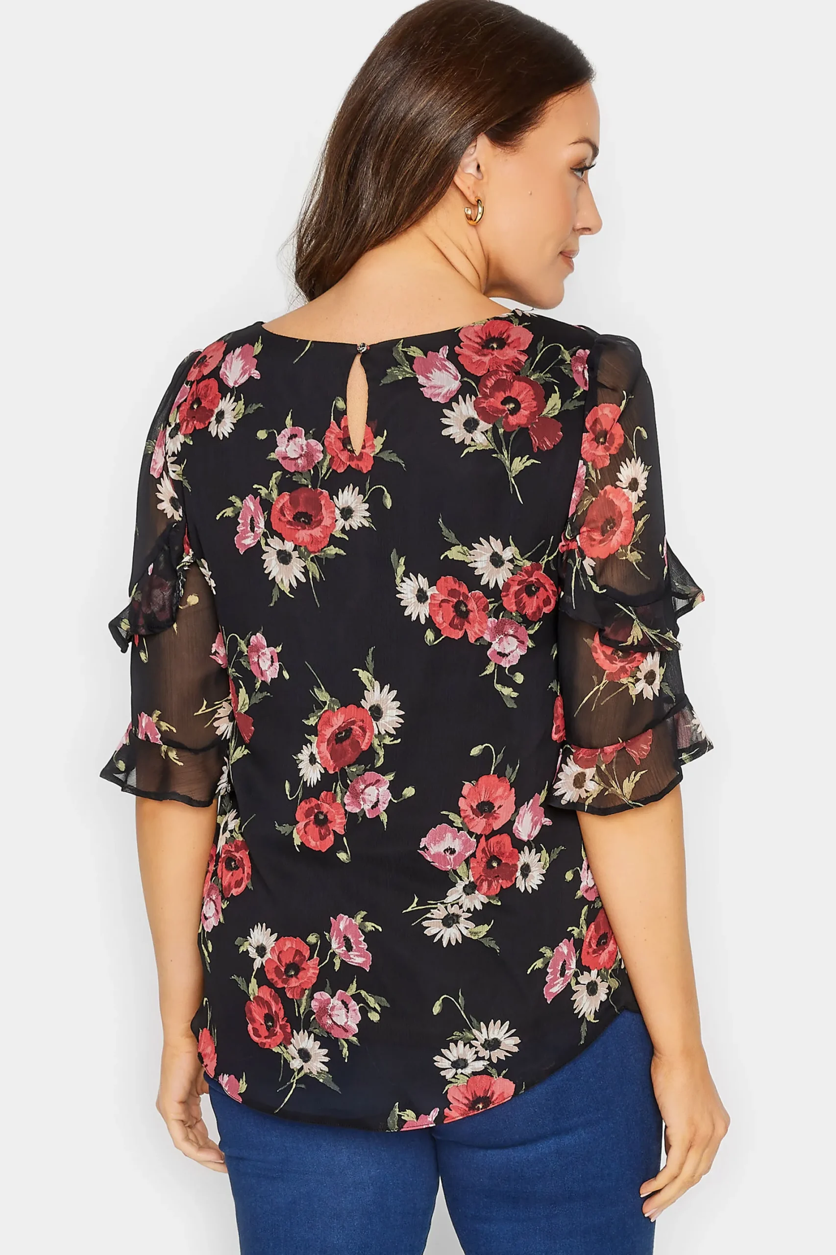 M&Co Womens Black & Red Floral Double Frill Sleeve Blouse>Women Blouses