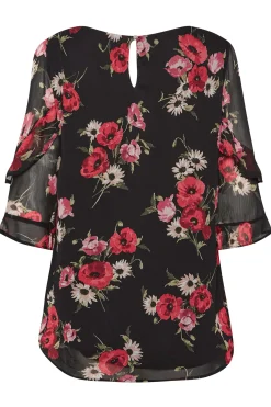 M&Co Womens Black & Red Floral Double Frill Sleeve Blouse><noscript><img width=