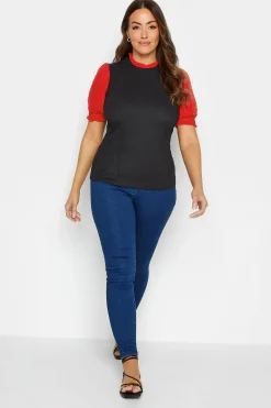 M&Co Womens Black & Red Contrast Sleeve Blouse>Women Short Sleeve Tops