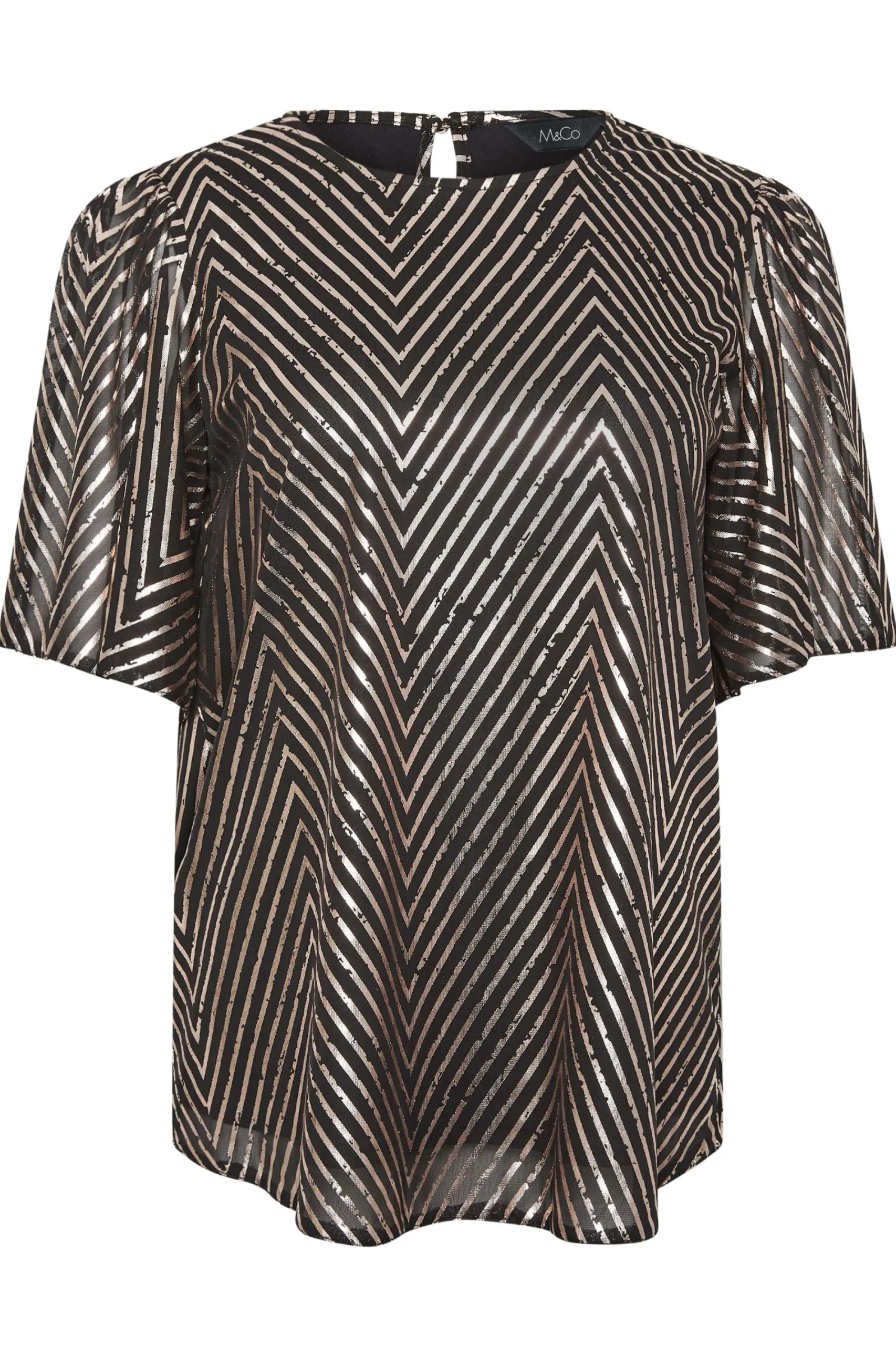 M&Co Womens Black & Rose Gold Chevron Angel Sleeve Blouse>Women Blouses