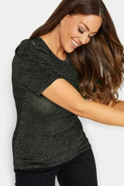 M&Co Womens Black & Silver Shimmer Ruched Sleeve Blouse><noscript><img width=