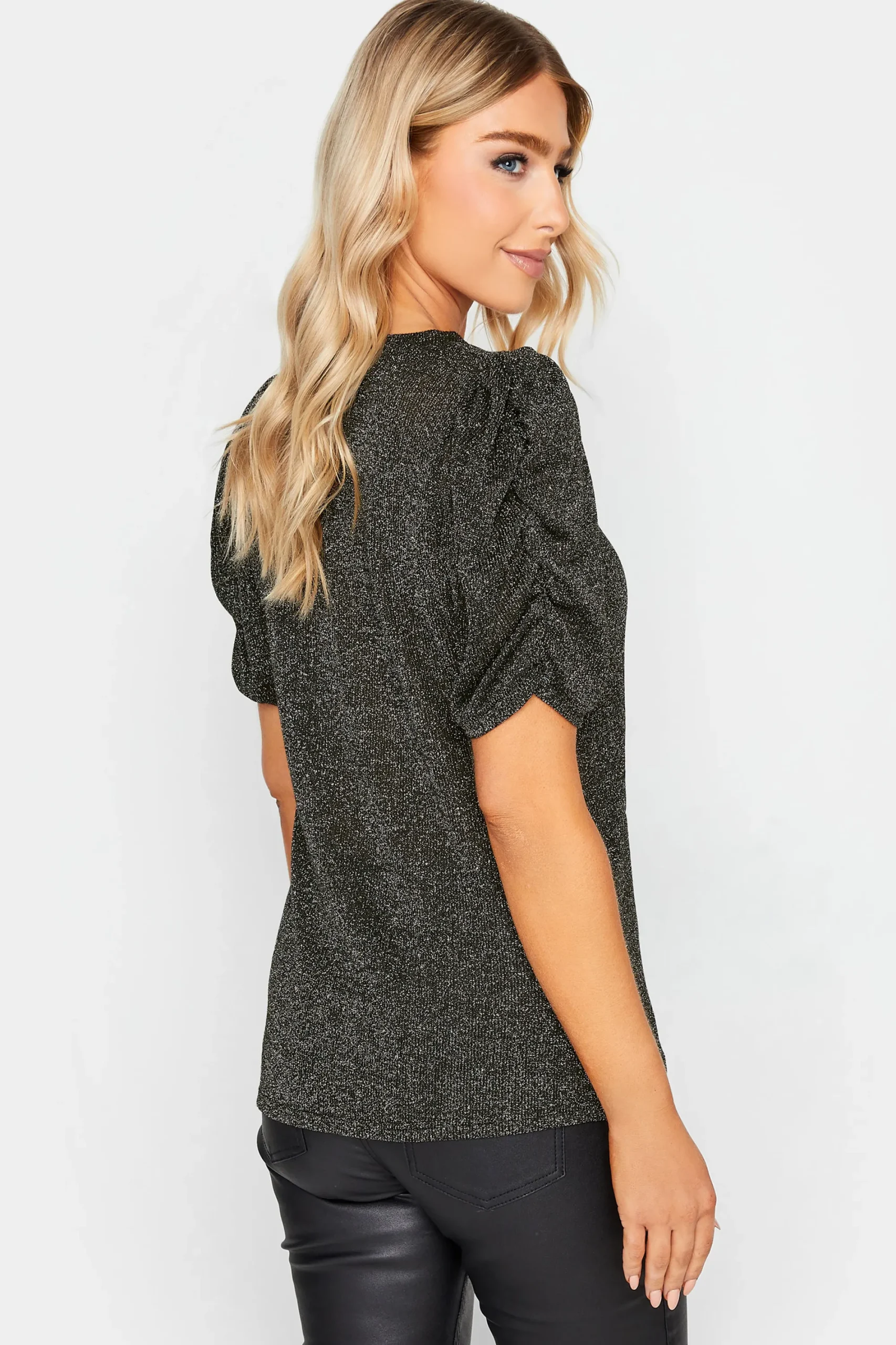 M&Co Womens Black & Silver Glitter Ruched Sleeve Blouse>Women Blouses