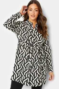M&Co Womens Black & White Geometric Print Tie Waist Tunic Shirt>Women Shirts