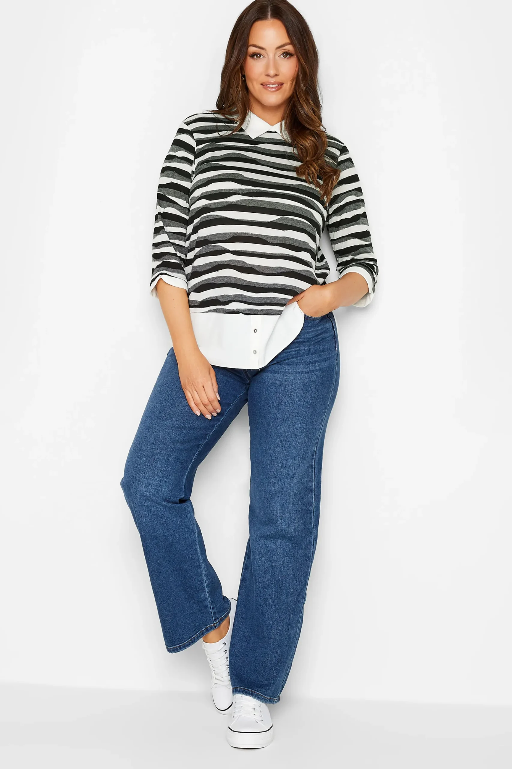 M&Co Womens Black & White Stripe 2 In 1 Jumper>Women Long Sleeve Tops