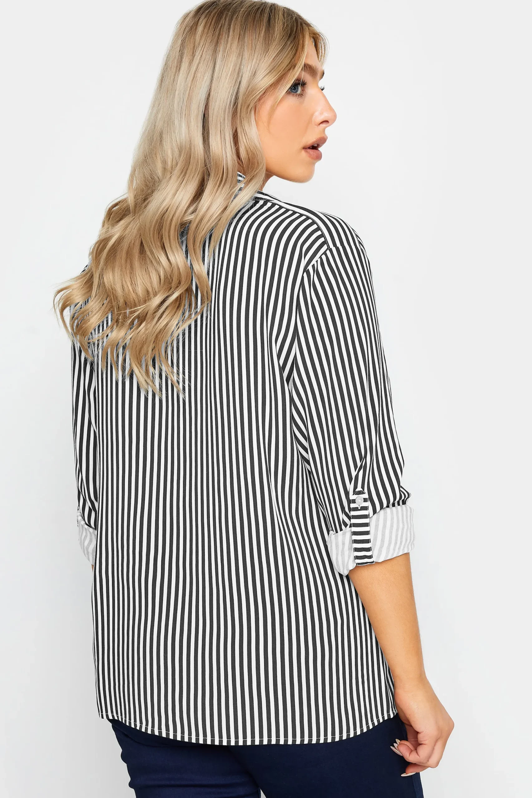 M&Co Womens Black & White Stripe Tab Sleeve Shirt>Women Shirts